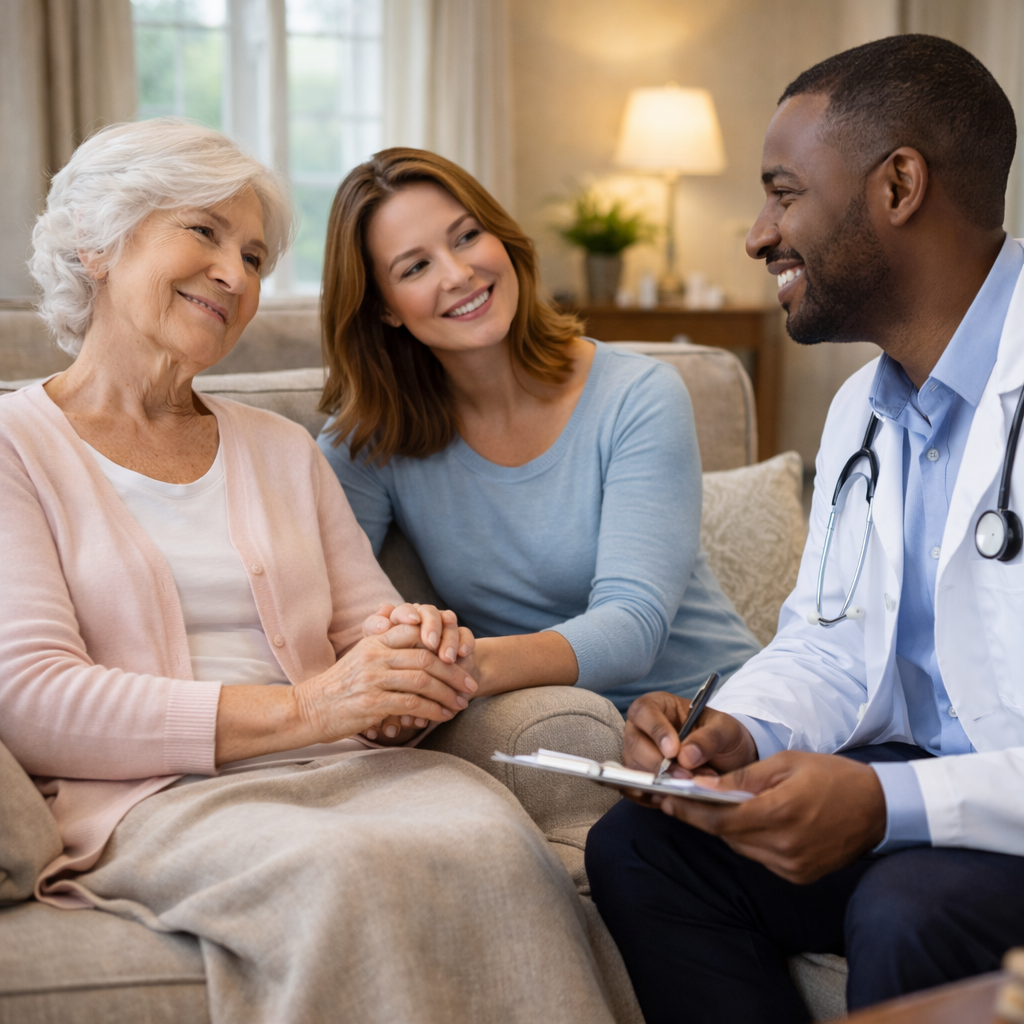 African American doctor providing at-home medical care to elderly patient with family support in Palm Beach County living room setting