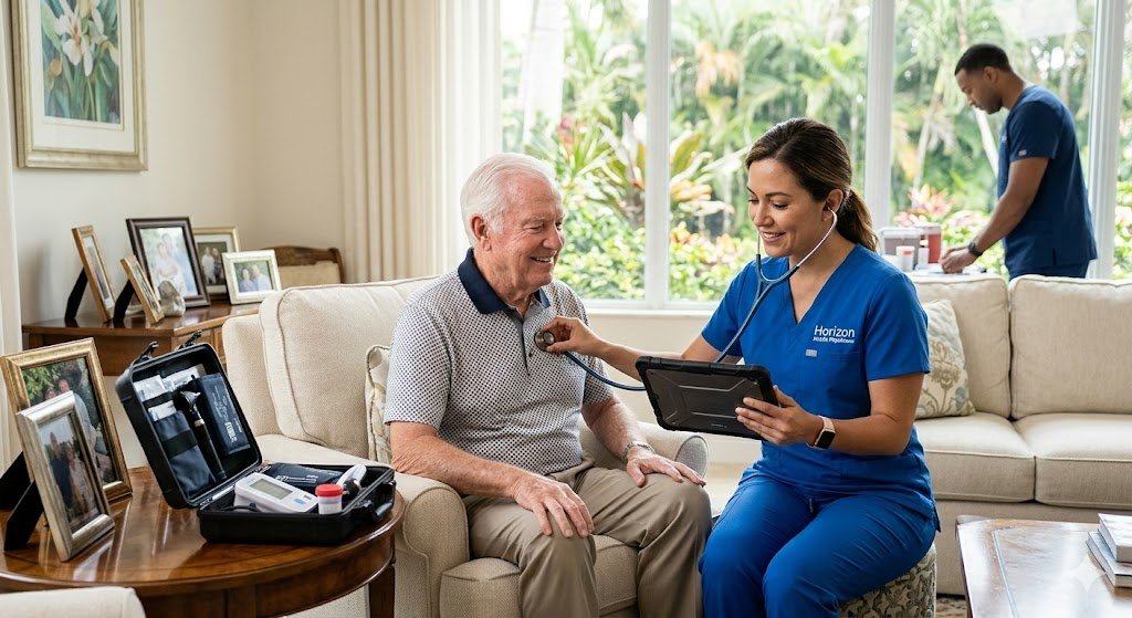 A female physician from Horizon Mobile Physicians using a stethoscope and tablet to provide in-home medical services to a senior man in a comfortable Palm Beach Gardens living room.