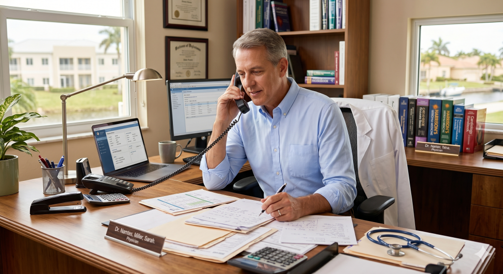 Horizon Mobile Physicians doctor reviewing follow up care plan with elderly patient and family member at home after a house call visit in South Florida
