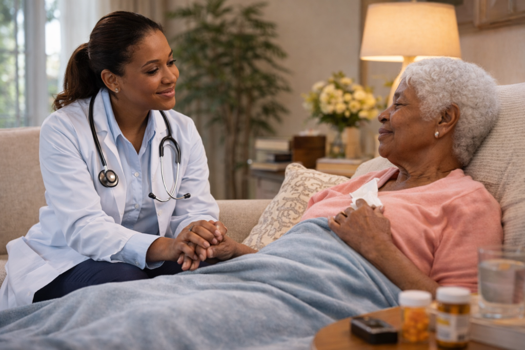What Conditions Can Be Treated Through Doctor House Calls? 1 Doctor providing transitional care during an in-home visit to a senior patient after a hospital stay