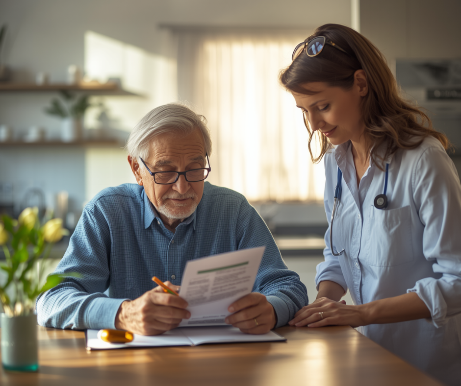 In-home physician reviewing discharge care plan with senior patient at home during transitional care in Palm Beach County