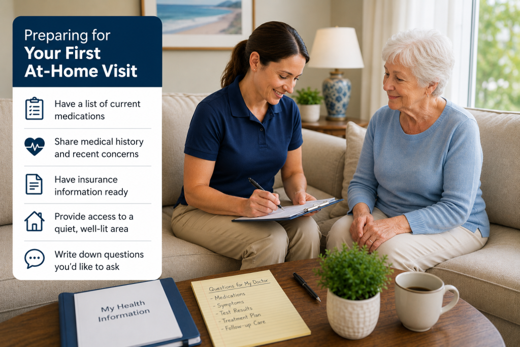 Senior preparing for an in-home doctor visit with medical information, medication details, and healthcare checklist during a mobile physician appointment in Palm Beach County and South Florida.