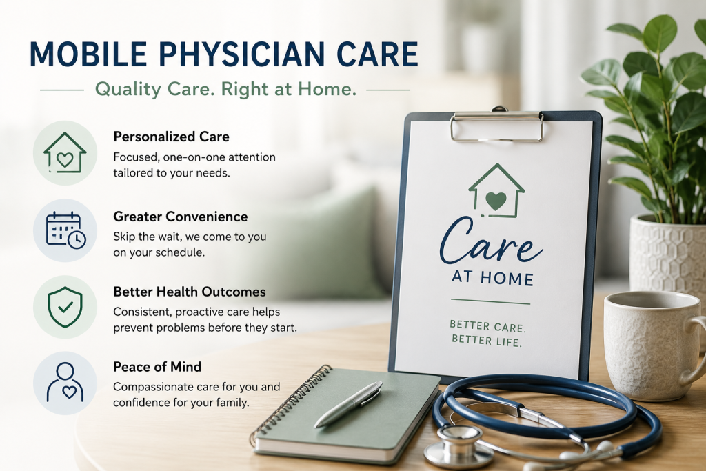 Infographic highlighting the benefits of preventive mobile physician care and in-home healthcare services for seniors in Palm Beach Gardens, West Palm Beach, and South Florida