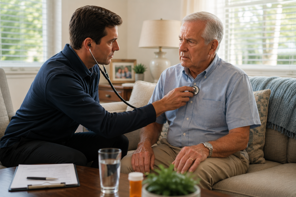 Mobile physician providing a same-day urgent in-home medical visit for an older adult experiencing health concerns at home, representing urgent mobile medical care, doctor house calls, and same-day physician services in Palm Beach County, West Palm Beach, Palm Beach Gardens, and South Florida through Horizon Mobile Physicians.