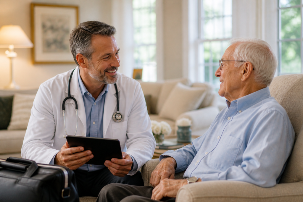When Urgent Care Isn't the Right Option for Seniors: A Better Alternative in West Palm Beach 1 Physician providing personalized in-home consultation to a senior patient in a comfortable living room setting as part of concierge medical care