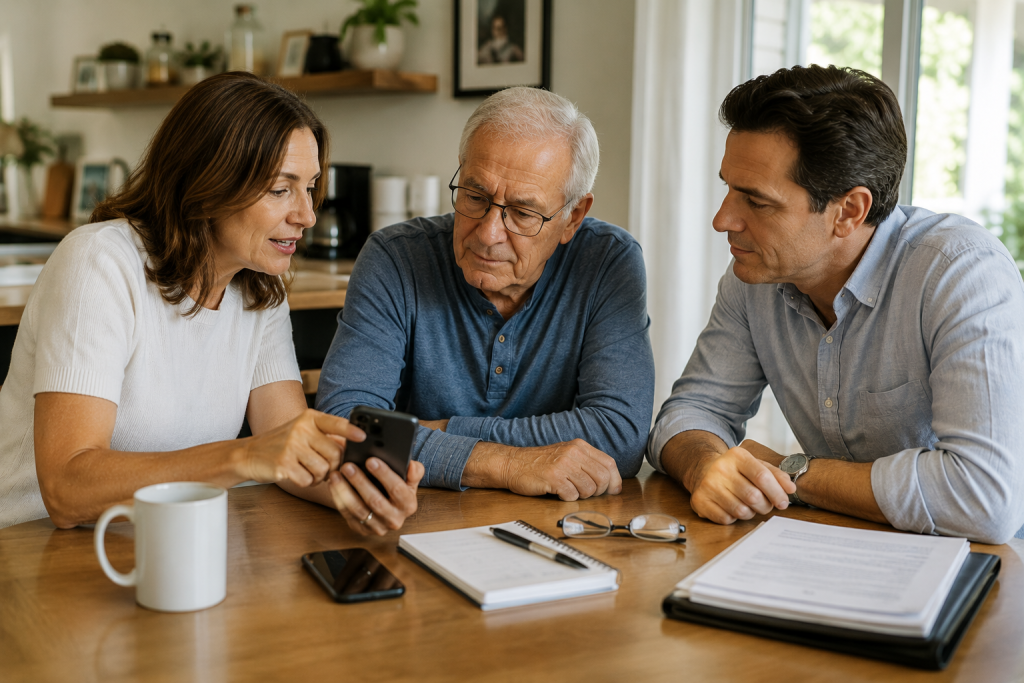 Senior adult and family members reviewing healthcare information together at home, illustrating care coordination, communication, and support among the full care team for chronic illness management in Palm Beach County, Florida.