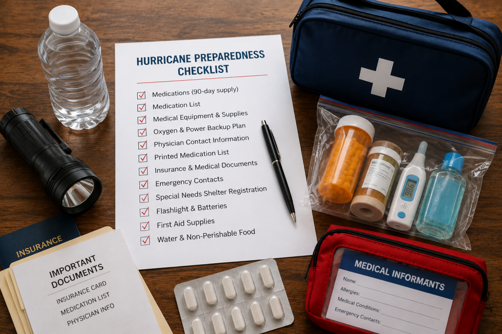 Hurricane Preparedness for Homebound Seniors: Medical Checklist 1 Emergency medical preparedness kit with medications, important documents, water, flashlight, and hurricane preparedness checklist for homebound seniors.
