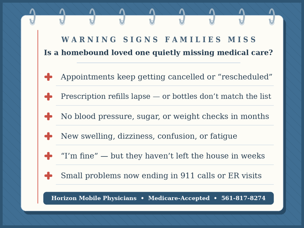 Homebound Seniors Missing Medical Care: Why Doctor Visits Get Skipped — and What It Quietly Costs 1 Notepad checklist of warning signs that a homebound senior is missing medical care, from Horizon Mobile Physicians, Medicare-accepted house calls in Palm Beach County